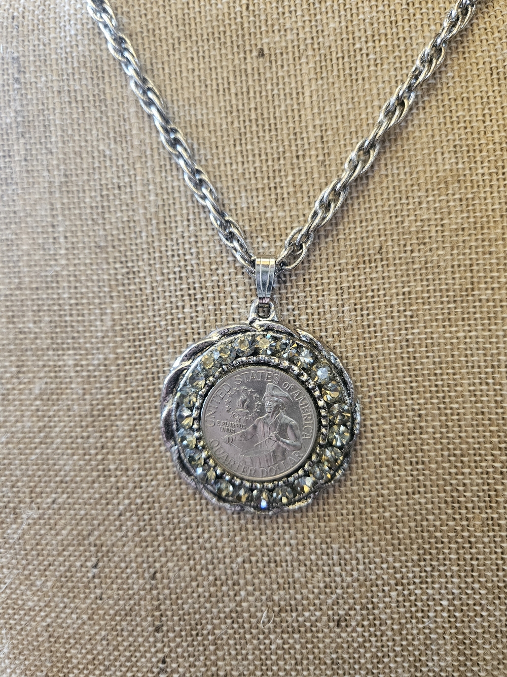 Silver-Tone Bicentennial Quarter rhinestone-encrusted bezel necklace